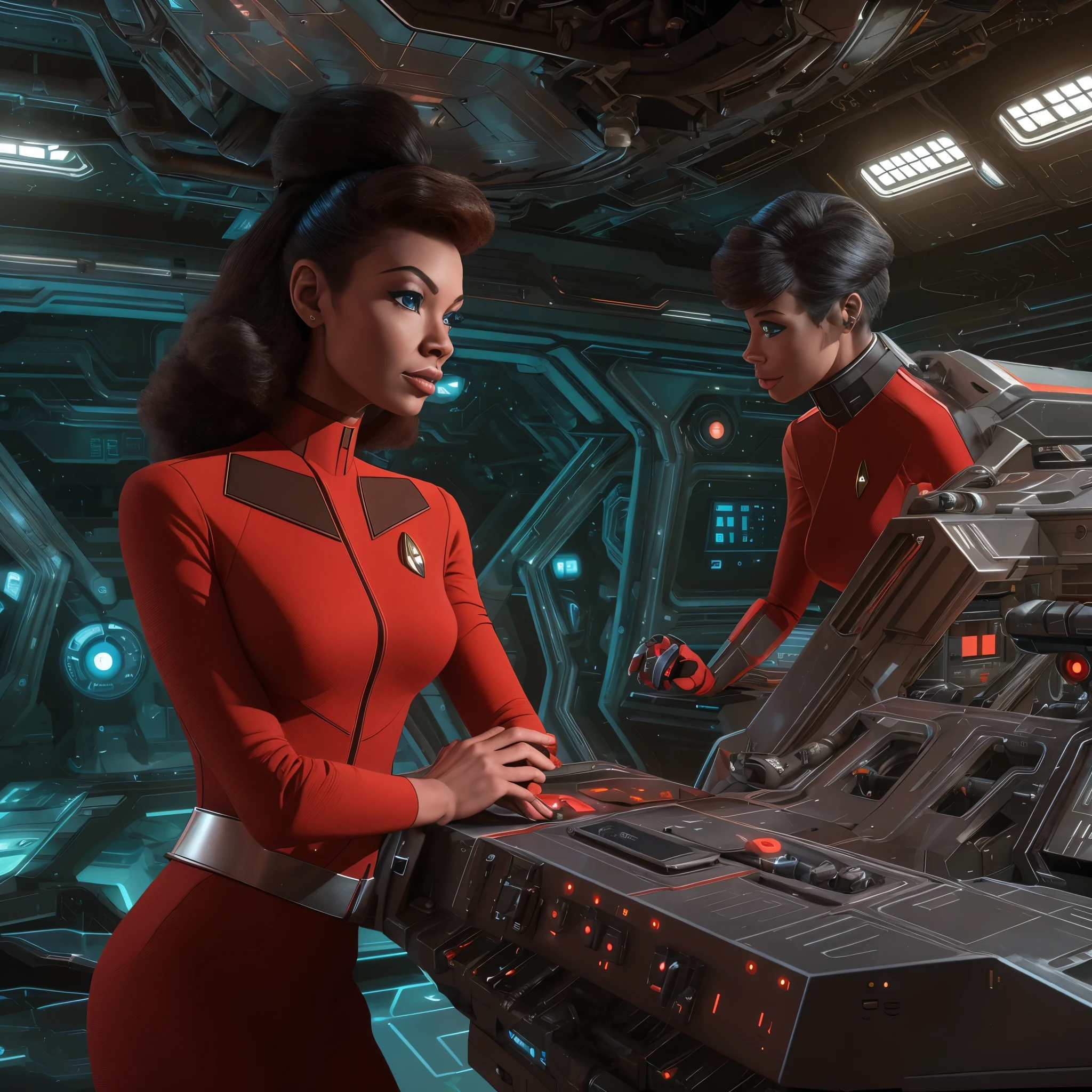 engine room, futuristic technology,female engineers, Uhura-inspired, vibrant red uniform, Seven of Nine-inspired, sleek silver uniform,atompunk elements, analog dials, Star Trek aesthetics, 1960s sci-fi, photorealistic style, detailed textures,dynamic conversation pose, natural lighting,futuristic machinery, seamless integration,bold color contrasts, deep shadows,optimistic future, collaborative spirit,