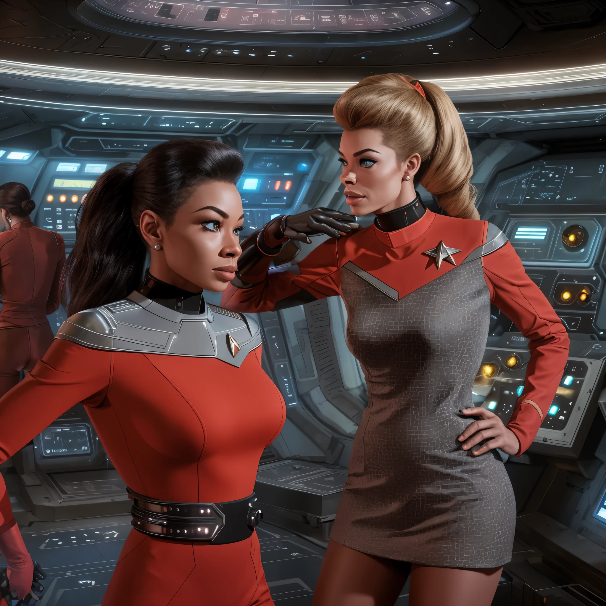 engine room, futuristic technology,female engineers, Uhura-inspired, vibrant red uniform, Seven of Nine-inspired, sleek silver uniform,atompunk elements, analog dials, Star Trek aesthetics, 1960s sci-fi, photorealistic style, detailed textures,dynamic conversation pose, natural lighting,futuristic machinery, seamless integration,bold color contrasts, deep shadows,optimistic future, collaborative spirit, 2girls, flirting, lesbian