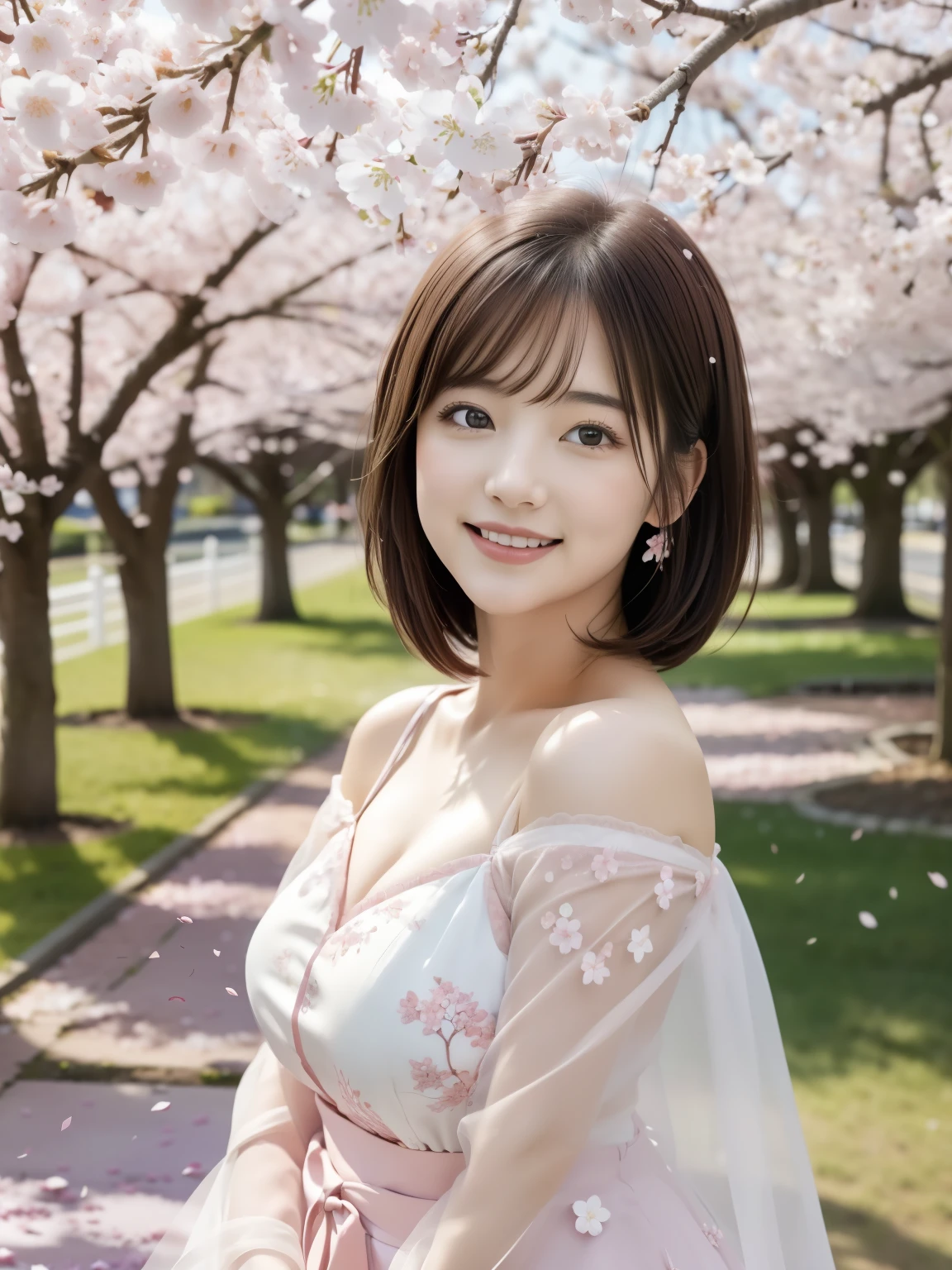 (High resolution,highest quality,Super detailed,realistic:1.37),Bright colors,Cherry blossom fairy standing in a park with cherry blossoms in full bloom,Shining with blooming flowers,bright sunshine,delicate petals,Soft pink and white colors,mysterious beauty,sunlight filtering through the foliage,calm atmosphere,shining light,breeze,delicate wings,A fantastic and fascinating presence,peaceful and magical,petals scattered on the ground,short cut girl:1.3,Fun and playful expression,The Rite of Spring,blissful atmosphere.