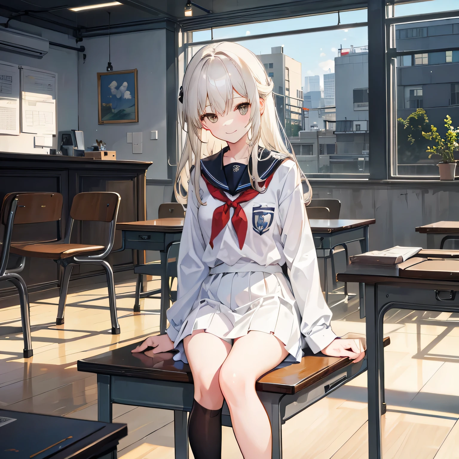 The prompt for the first theme will be as follows:

"A girl in a classroom, with long, straight white hair, light brown eyes, wearing a school uniform, sitting at a desk, looking down with a smiling expression. The scene has prominent shadows and a warm color tone."

Please note that the prompt should not be divided into separate sections and should be a continuous description. Remember to use tags to describe the artwork elements such as material, additional details, image quality, art style, color tone, and lighting. Make sure to prioritize the tags based on their importance.