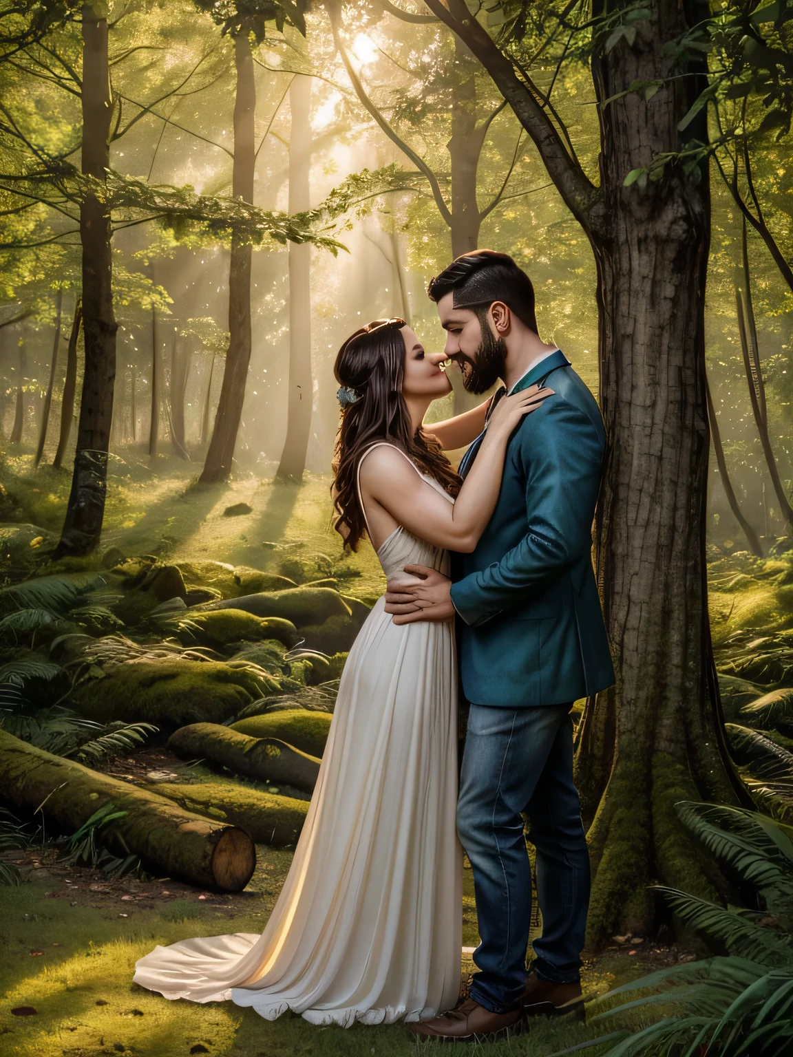 A couple of lumberjacks kissing on a sunny day, passionately embracing in a forest clearing. (best quality,4k,8k,highres,masterpiece:1.2),ultra-detailed,(realistic,photorealistic,photo-realistic:1.37), oil painting, vibrant colors, soft sunlight, lush greenery, shadows dancing on their faces, intricate details of their beards and clothing, happy and content expressions, magical atmosphere, romantic ambiance, delicate brushstrokes, textured bark of the trees, rays of light piercing through the foliage, birds chirping in the background, evoking a sense of love, nature, and connection.