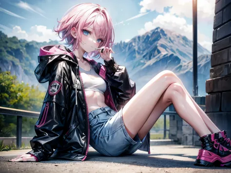 smoking girl, pink hair, short hair, light-blue eyes, long jacket, jacket over her shoulders, small girl, small legs, she's 20, ...