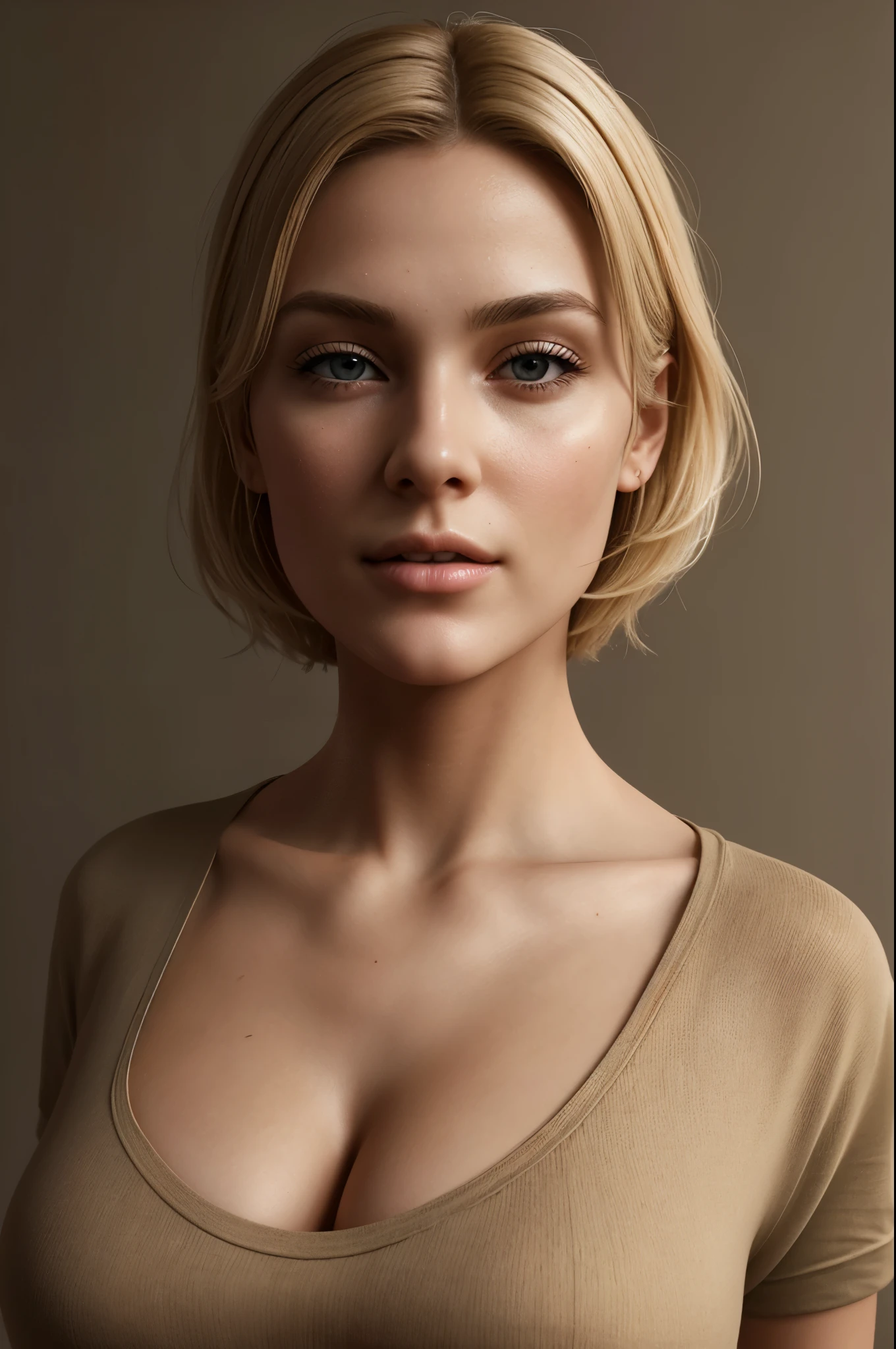 masterpiece, best quality, extremely detailed, hyperrealistic, photorealistic, a beautiful 20s french model, black background, beige t-shirt:1.2, ultra detailed face, short hair, blonde hair, pale skin, busty breasts, serene
