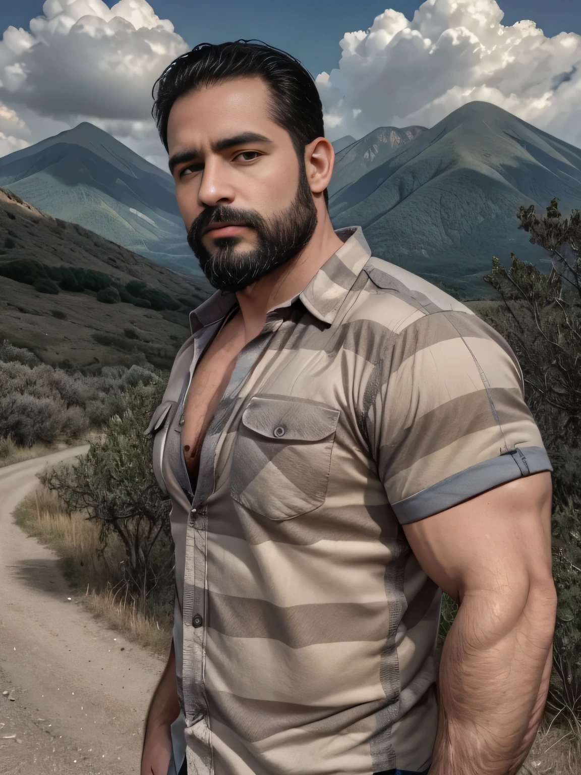 obra maestra, Mejor calidad, high resolution, Retrato de primer plano, (1 chico:1.4) A man in a lumberjack suit, muscular, (con camisa: 1.2) enfoque masculino, enfocarse solo, piel bronceada, 38-year old man,  muscular, fuerte, peludo, Masculino, (descamisado: 1.2), In the background a mountain, in a city with a lot of traffic and pollution, amazing composition, Vista frontal, HDR, volumetric lighting, (plano general, desde el frente:1.2) (GS-Macho :1.5) (magnificent landscape:1.2)