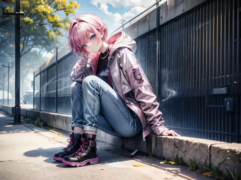smoking girl, pink hair, short hair, light-blue eyes, long jacket, jacket over her shoulders, small girl, small legs, she's 20, ...