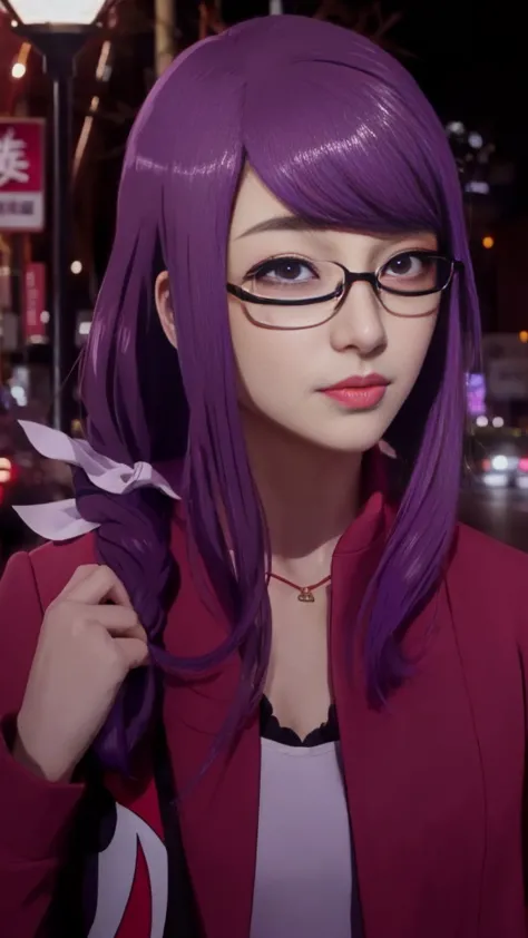 anime girl with glasses and a red jacket standing in front of a street light, illustrious makinami, ann takamaki from persona 5,...