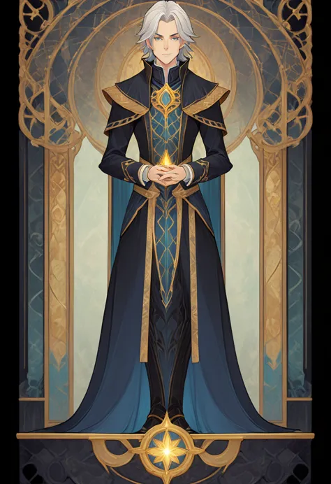 full length portrait of 1 boy., master, magician's costume, (((solo))), clear facial features, simple line design, ((tarot card ...