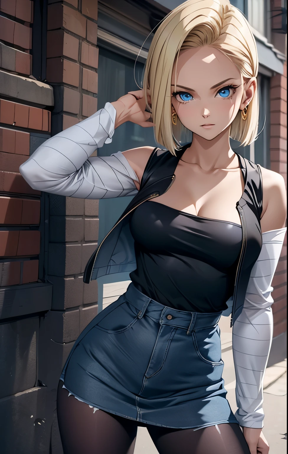 best quality, highres, and18, 1girl, android 18, solo, blonde hair, blue eyes, short hair, earrings, jewelry, denim vest, open vest, black pantyhose, black shirt, denim skirt, striped long sleeves, blue skirt, medium breasts, cowboy shot, street, off-the-shoulder, Strapless, 29 years old. piernas fuertes. pechos grandes, 