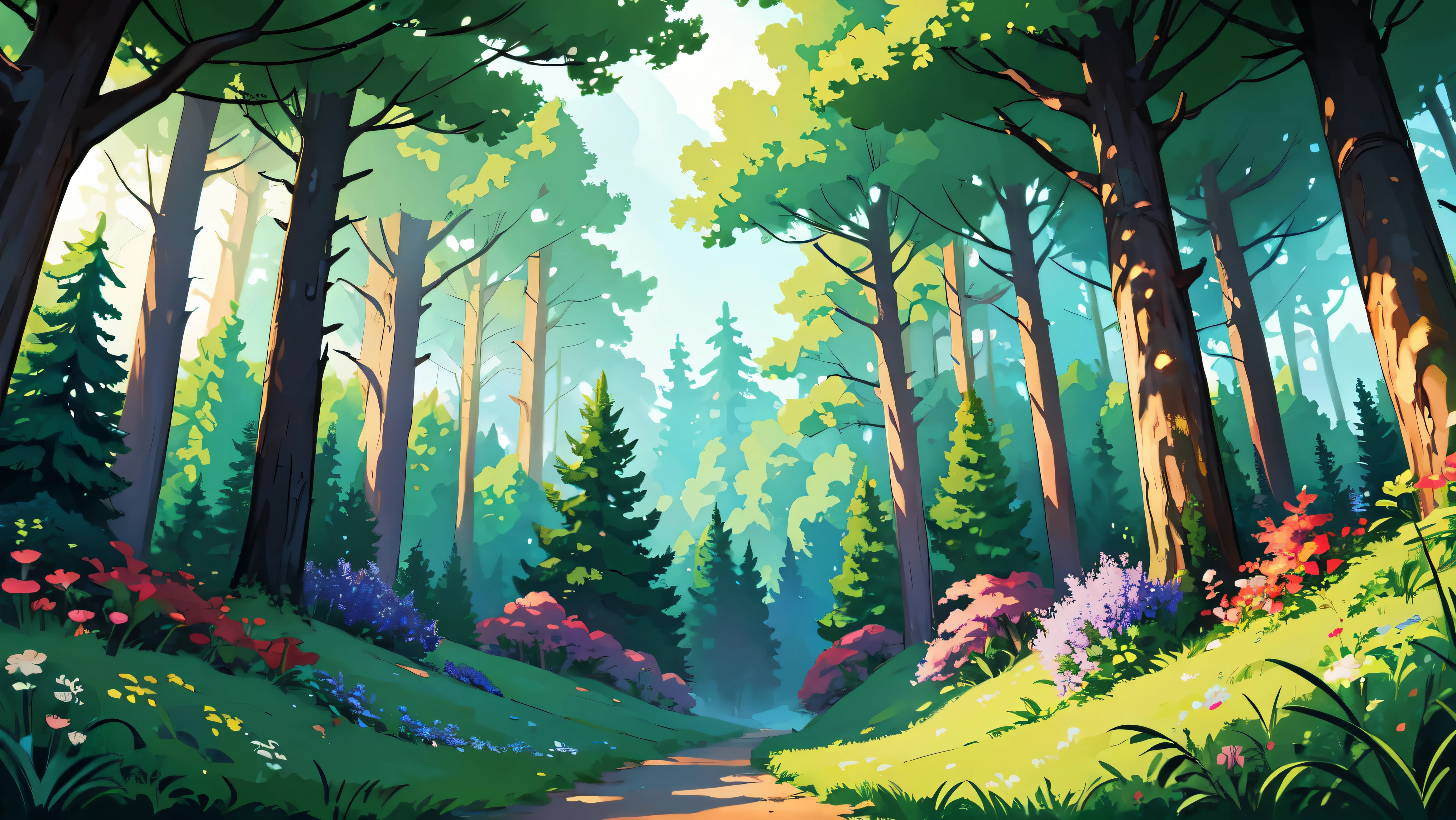 ((明亮的)), Cartoon beautiful fantasy fairy 裡面的森林 with trails and trees on a sunny day, 森林植物, 美麗的仙女蘑菇, 野生美麗的花朵, 詳細的, 詳細的 background artwork masterpiece, Mobile 遊戲背景, 遊戲背景, 2D遊戲美術背景, 森林背景, scenery art 詳細的, 景观艺术品, 手机游戏艺术, 2d 遊戲背景, 動漫背景藝術, 森林空地景觀, 动漫乡村风景, 裡面的森林, elf 森林背景, 森林環境, 詳細的遊戲藝術, 4k