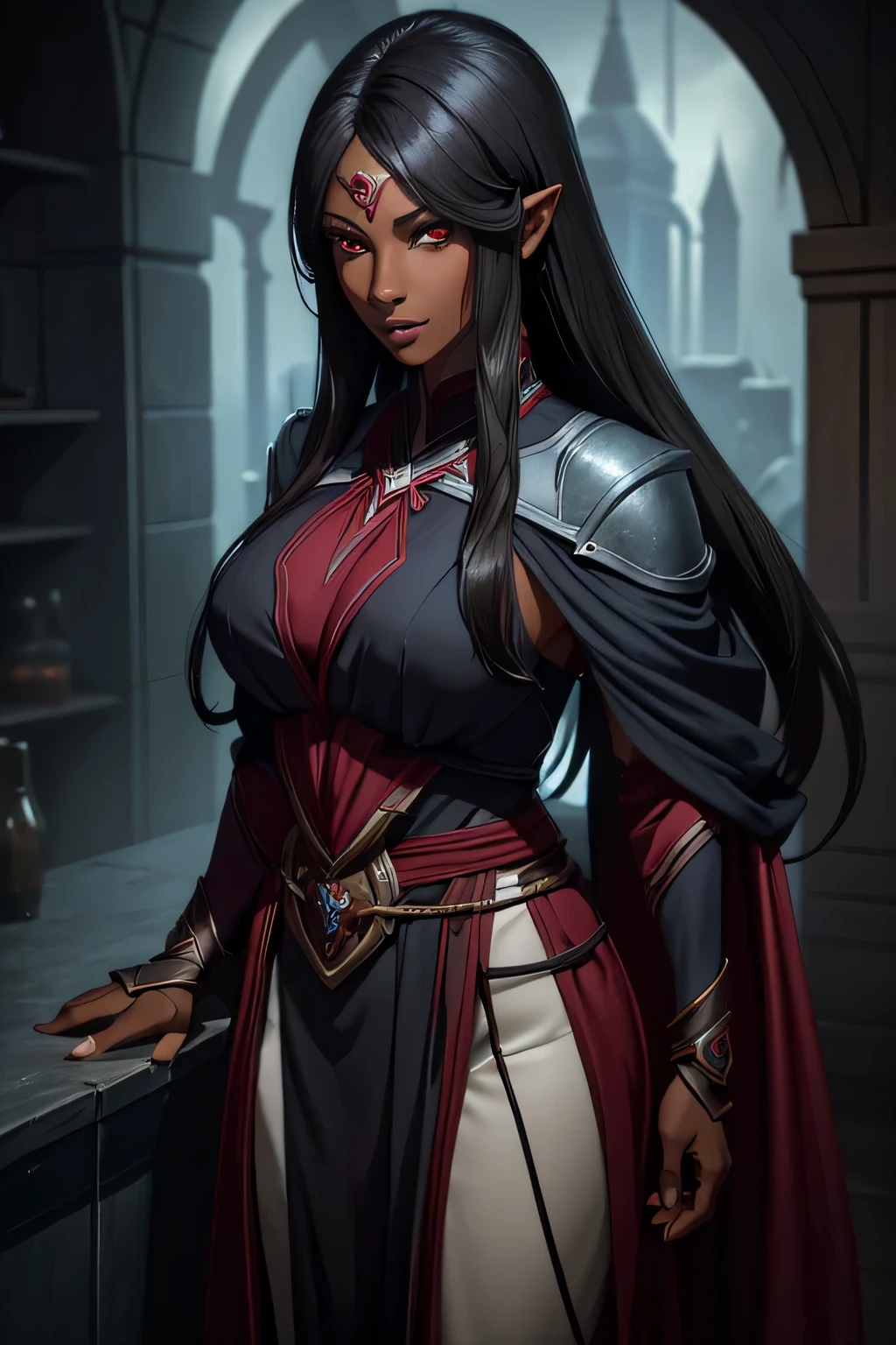 1woman, 30 years old, A beautiful athletic dark elf, fit body, dark skin, Grey skin, Red eyes,  studio lighting, highly detailled, incredibly long black hair, best quality, ((masterpiece)), ((8k)), seductivesmirk, wearing mage robes, standing, holding a glass of wine, Tavern,