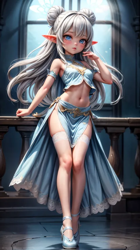 （Extremely normal body：2.0） ( girl Full body :1.7) A gorgeous stage background：1 Elf beauty，White crop top top，(Elf long ears)，L...