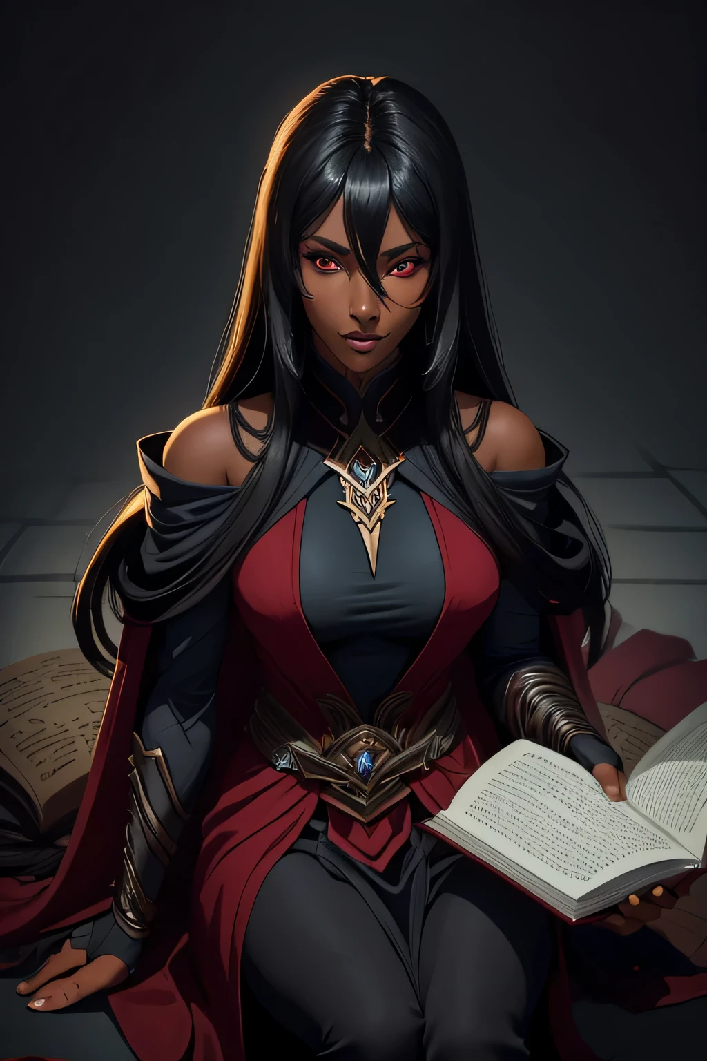 1woman, 30 years old, A beautiful athletic dark elf, fit body, dark skin, Grey skin, Red eyes,  studio lighting, highly detailled, incredibly long black hair, best quality, ((masterpiece)), ((8k)), seductivesmirk, wearing mage robes, sitting, reading a book, many books in the ground,