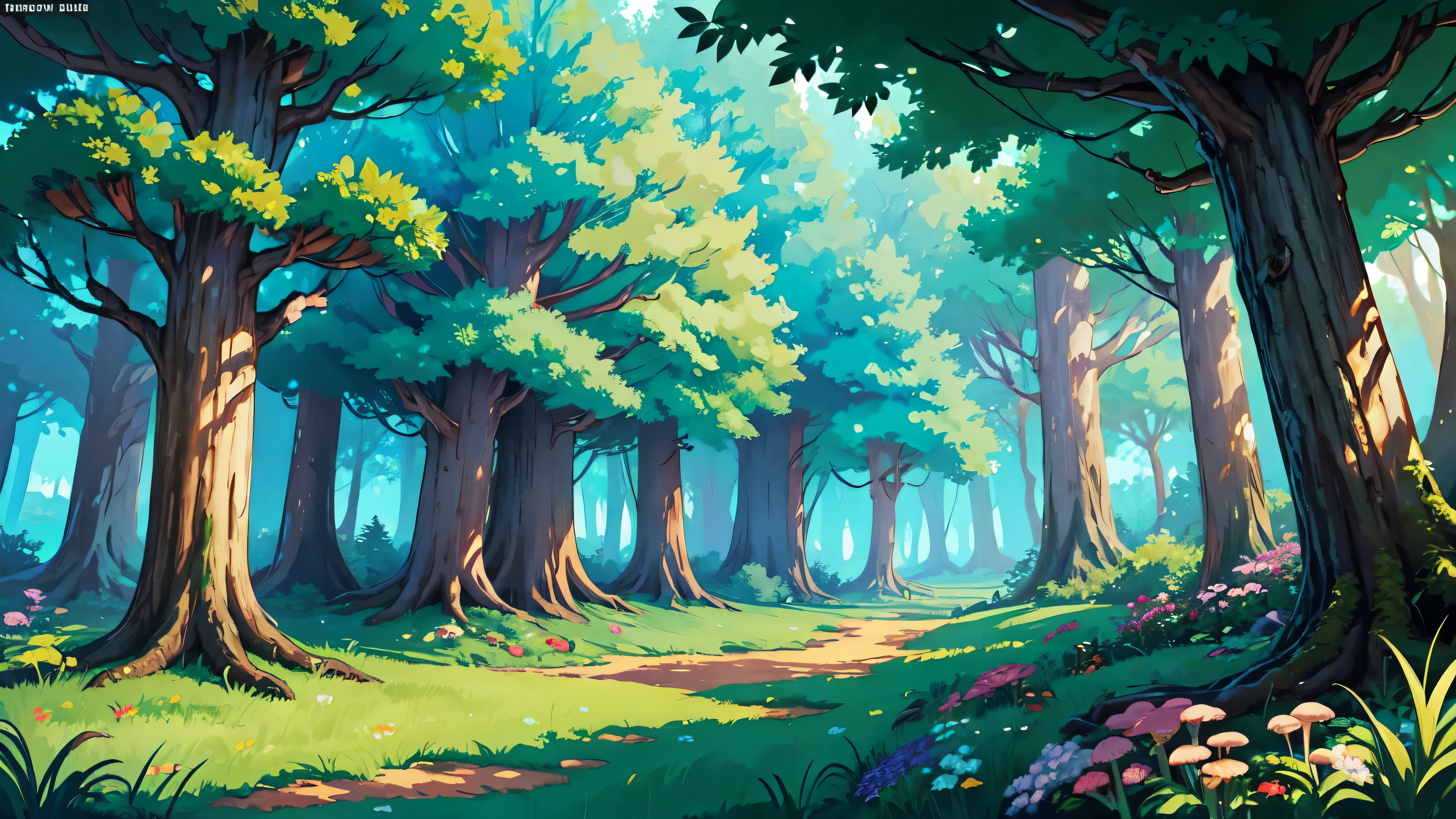 ((明亮的)), Cartoon beautiful fantasy fairy 森林里面 with trails and trees on a sunny day, 森林植物, 美丽的仙女蘑菇, 野生美丽的花朵, 详细的, 详细的 background artwork masterpiece, Mobile 游戏背景, 游戏背景, 2D游戏美术背景, 森林背景, scenery art 详细的, 景观艺术品, 手机游戏艺术, 2d 游戏背景, 动漫背景艺术, 森林空地景观, 动漫乡村风景, 森林里面, elf 森林背景, 森林环境, 详细的游戏艺术, 4k