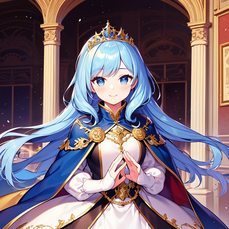 4k, upper body,(masterpiece),(best quality),(ultra-detailed),(rococo style),(long train blue cape),(long train white ball gown with flowers), a girl is wearing a cape over her dress, 1 empress, tiara, smile, very long hair