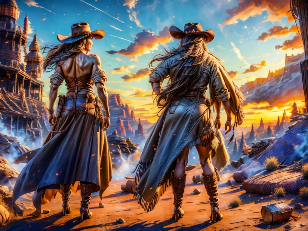 (best quality, highres:1.2, realistic:1.37), intense wild west duel, female sheriff and Native American, dimly lit saloon, gritty textures, dusty atmosphere, dynamic action, iconic showdown, rugged cowboy boots, weathered cowboy hat, intricately designed sheriff badge, intricate Native American jewelry, piercing eyes, tense expressions, dramatic composition, rustic wooden interior, flickering candlelight, deep shadows, rich color palette, vibrant sunset hues, rugged landscape outside the saloon