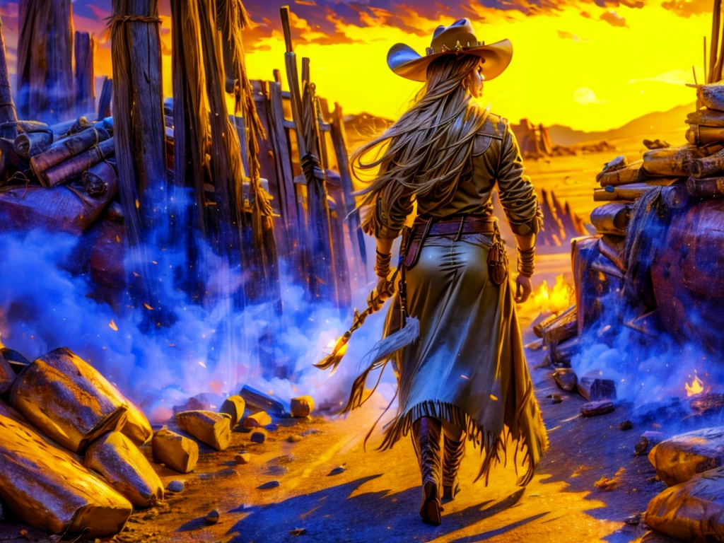 (best quality, highres:1.2, realistic:1.37), intense wild west duel, female sheriff and Native American, dimly lit saloon, gritty textures, dusty atmosphere, dynamic action, iconic showdown, rugged cowboy boots, weathered cowboy hat, intricately designed sheriff badge, intricate Native American jewelry, piercing eyes, tense expressions, dramatic composition, rustic wooden interior, flickering candlelight, deep shadows, rich color palette, vibrant sunset hues, rugged landscape outside the saloon