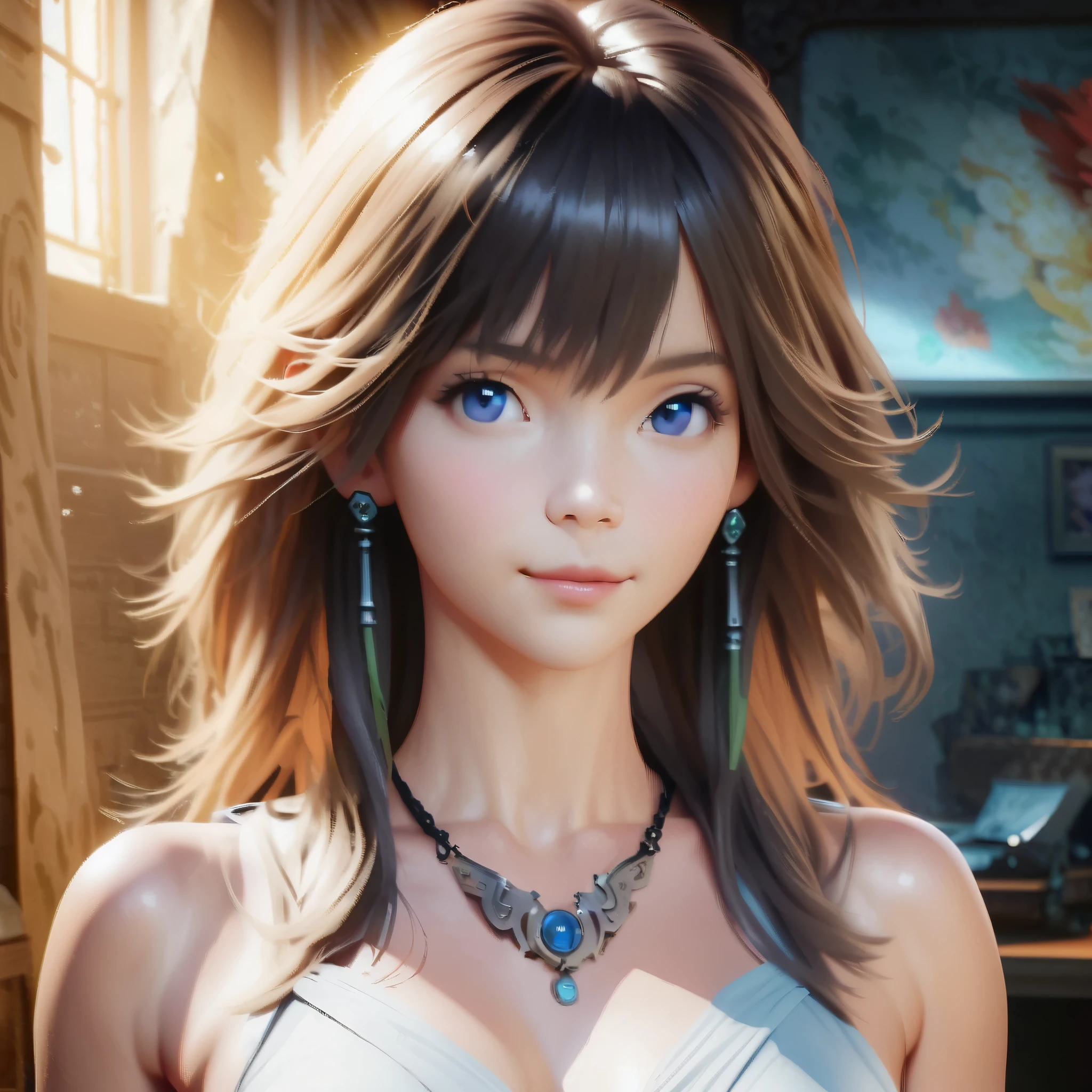 ((Final Fantasy (Yuna), (young girl, 16 years old, full body, naked body, dark hair, light skin, scarlet lips, smile; black, expressive playful eyes, long eyelashes)). ((Anime girl with brown hair hair and white dress with necklace, beautiful character painting, soft anime computer graphics, realistic anime art, beautiful anime woman, Cyberpunk, futurism, tight jumpsuit, anime girl rendering, Makoto Shinkai and Artgerm, realistic 3D anime style, anime realism style, digital art in anime style, beautiful anime girl)), (style, very beautiful young girl)). ((High quality, masterpiece)).