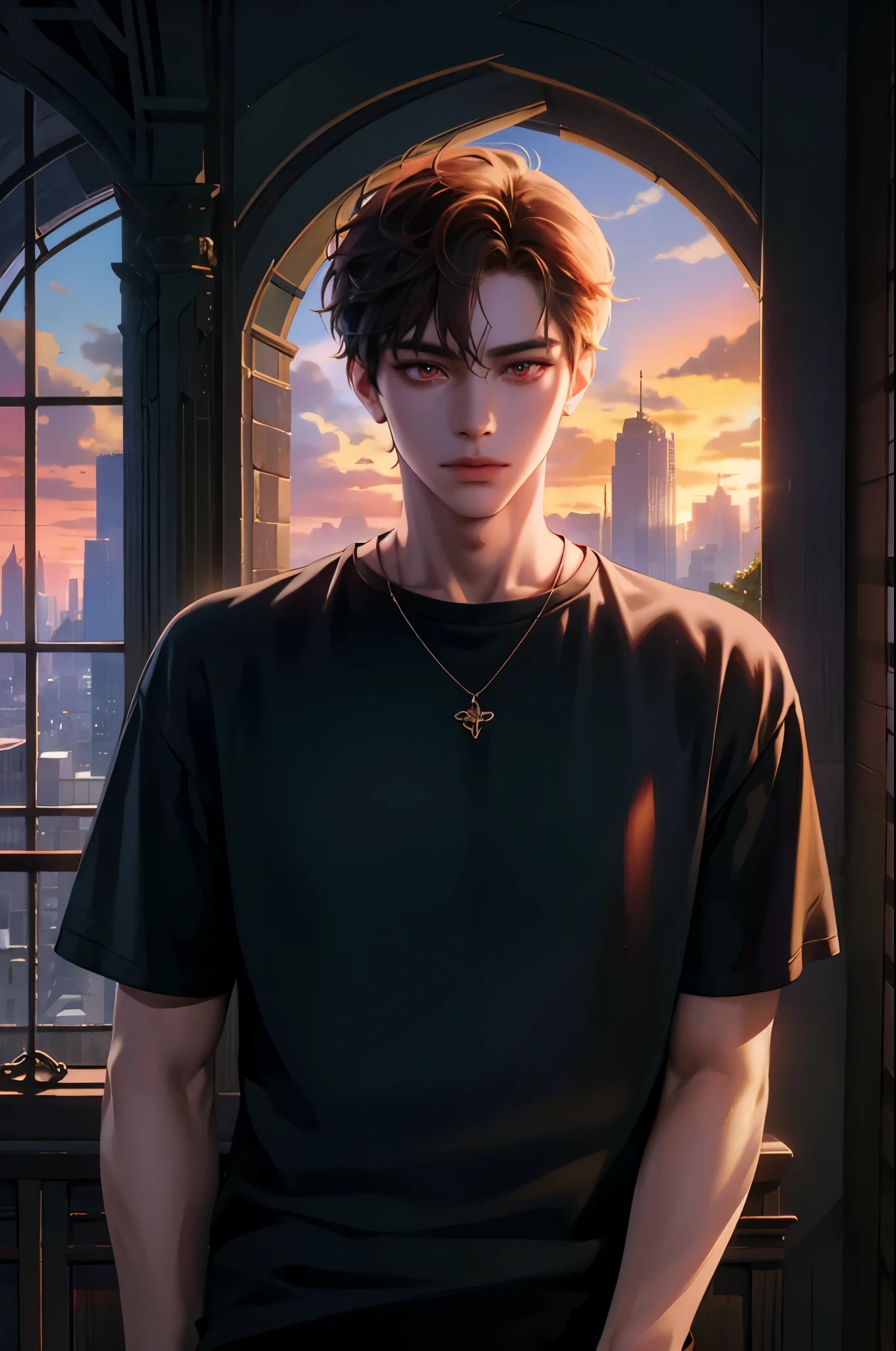 masterpiece, best quality, 1man, adult, male focus, solo, short hair, vibrant red eyes, looking at viewer, closed mouth, cantarella, Fantasy aesthetics, Highly detailed, casual style clothes, simple outfit office city background , beside the window, outdoor lighting 