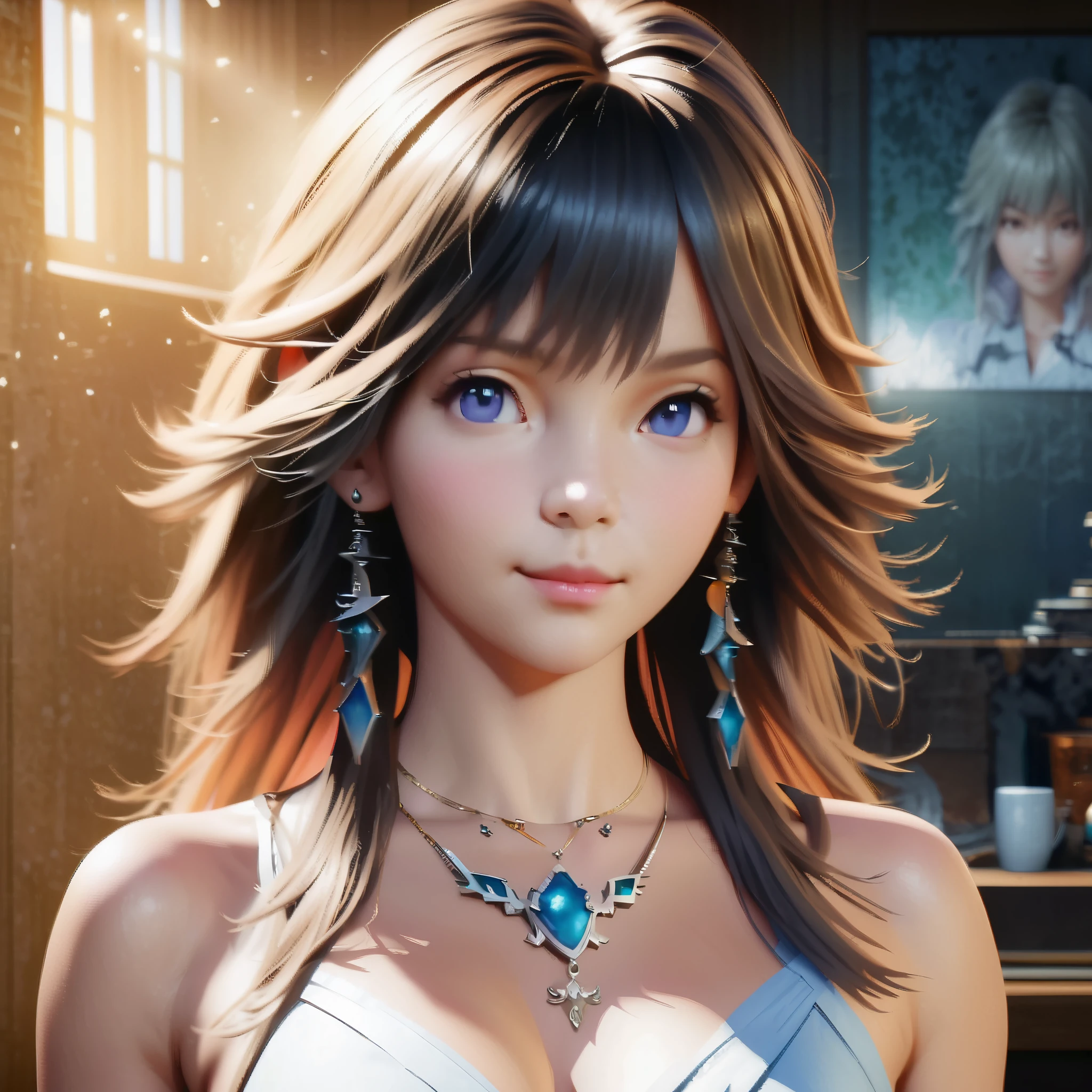 ((Final Fantasy (Yuna), (young girl, 16 years old, full body, naked body, dark hair, light skin, scarlet lips, smile; black, expressive playful eyes, long eyelashes)). ((Anime girl with brown hair hair and white dress with necklace, beautiful character painting, soft anime computer graphics, realistic anime art, beautiful anime woman, Cyberpunk, futurism, tight jumpsuit, anime girl rendering, Makoto Shinkai and Artgerm, realistic 3D anime style, anime realism style, digital art in anime style, beautiful anime girl)), (style, very beautiful young girl)). ((High quality, masterpiece)).