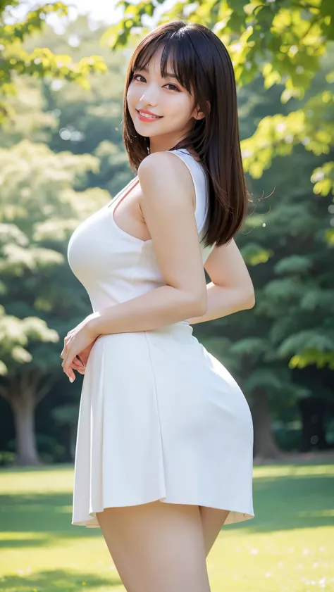 (highest quality、masterpiece、8K、best image quality、hyper realism、Award-winning work)、1 female、(alone:1.1)、(perfect white sleeveless knit:1.1)、(An elegant red tight skirt made of Melton fabric.:1.1)、(Strongly blurred beautiful park background:1.1)、The most ...