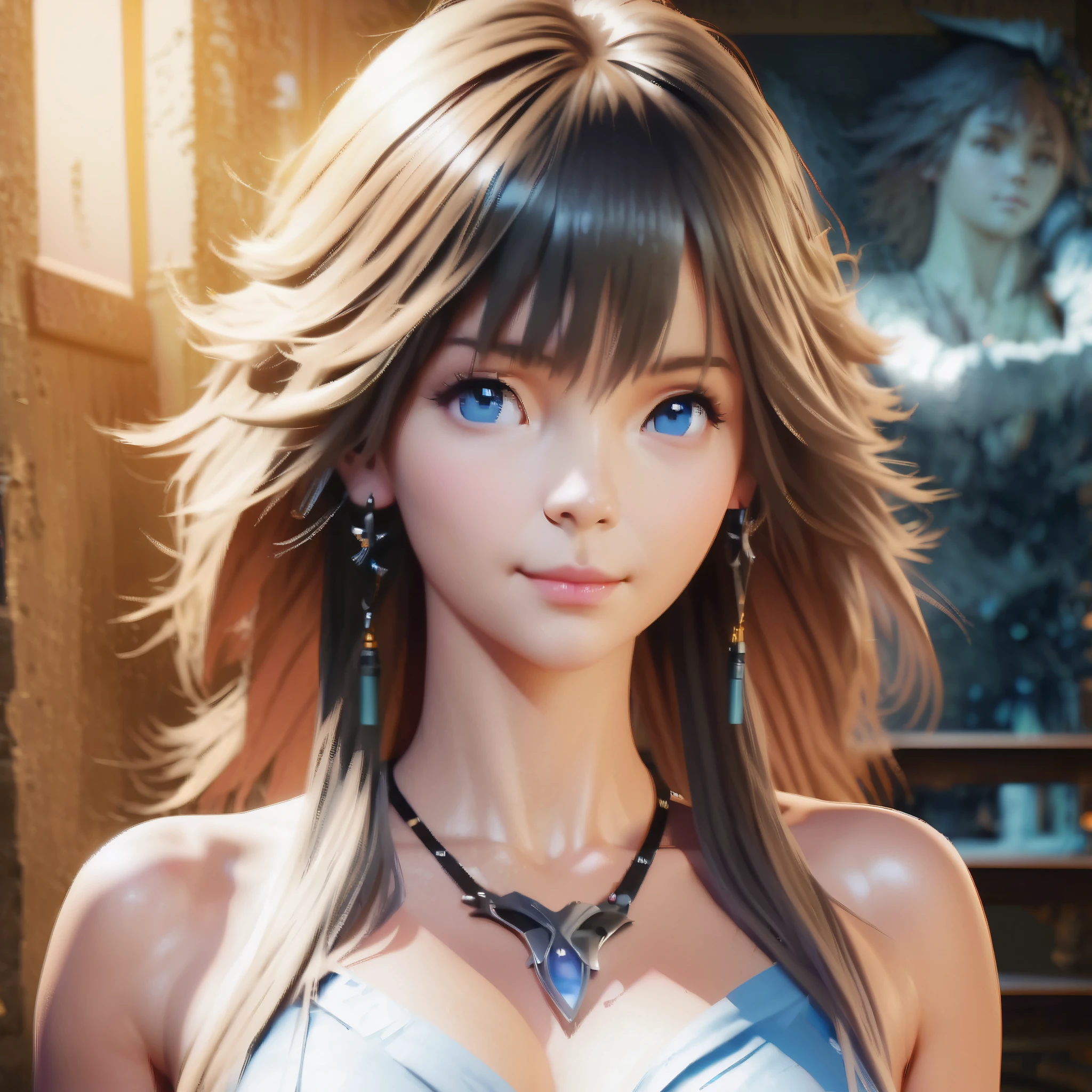 ((Final Fantasy (Yuna), (young girl, 16 years old, full body, naked body, dark hair, light skin, scarlet lips, smile; black, expressive playful eyes, long eyelashes)). ((Anime girl with brown hair hair and white dress with necklace, beautiful character painting, soft anime computer graphics, realistic anime art, beautiful anime woman, Cyberpunk, futurism, tight jumpsuit, anime girl rendering, Makoto Shinkai and Artgerm, realistic 3D anime style, anime realism style, digital art in anime style, beautiful anime girl)), (style, very beautiful young girl)). ((High quality, masterpiece)).