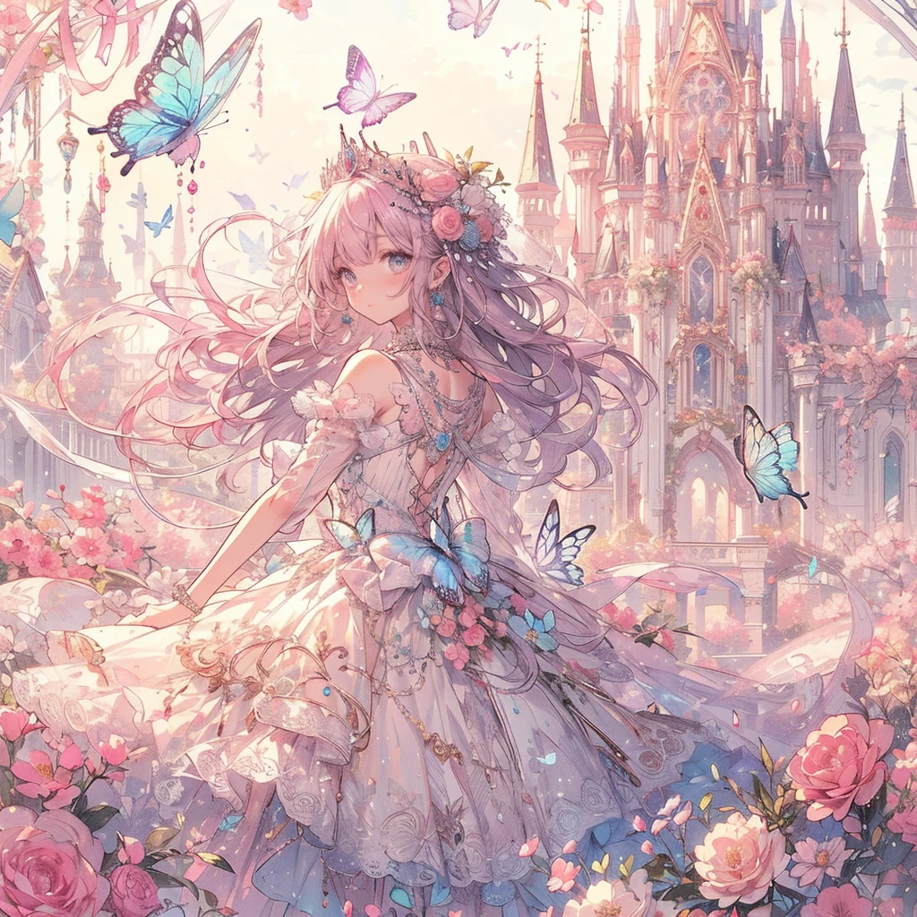 (exquisite, beautiful, very detailed, masterpiece, high quality,High resolution),(soft thin lines:1.2, Beautiful, delicate and pretty face),(Butterfly-like fairy wings growing from her back),from a little far away,body whole,The whole body is reflected,night,A fairy princess is dancing in a gorgeous baroque castle,lots of flowers,Hanabubuki,indoor,(Diamond Tiara, earrings, necklace), ((Gorgeous pastel ball gown dress:1.1, Balloon sleeves,Jewels, ribbons, lace and frills, 背中からbeautiful妖精の羽)), (light pink blush, plump pink lips,big bust,Fair skin, good style),watercolor style