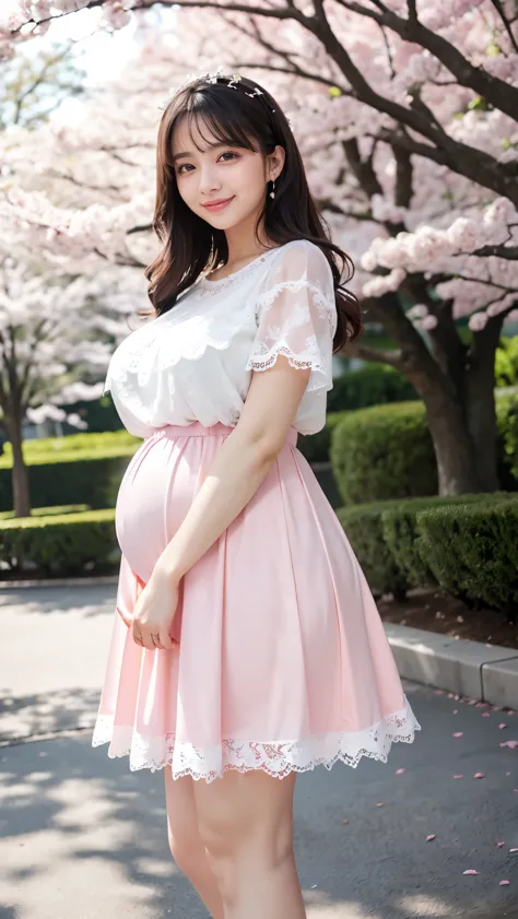 (highest quality、masterpiece、8K、best image quality、hyper realism、Award-winning work)、1 female、(alone:1.1)、(Girly Lolita T-shirt with white lace decoration:1.1)、(Very thin, sheer pink long skirt:1.1)、(Strongly blurred beautiful park background:1.1)、The most...