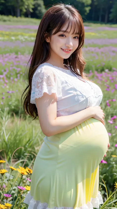 (highest quality、masterpiece、8K、best image quality、hyper realism、Award-winning work)、1 woman、(alone:1.1)、(Girly Lolita T-shirt with white lace decoration:1.2)、(Very thin, sheer pink long skirt:1.2)、(Colorful and vibrant beautiful flower field background:1....