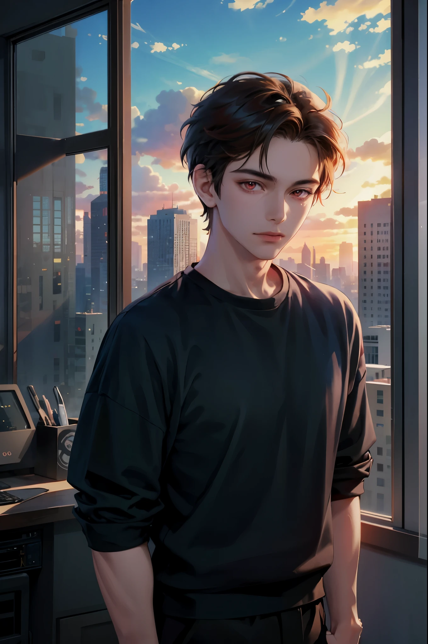 masterpiece, best quality, 1man, adult, male focus, solo, short hair, vibrant red eyes, looking at viewer, closed mouth, cool aesthetics, Highly detailed, casual style clothes, simple outfit office city background , beside the window blue sky, morning lighting 