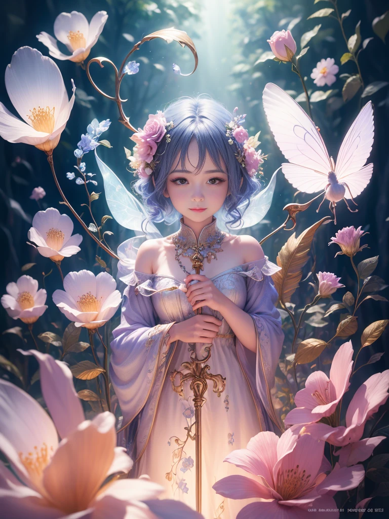 beautiful transparent flower fairy baby, transparent colorful feathers, the cane waving in the wind､The cane shone in the starlight，golden cane，Beautiful blue sky and white clouds、the girl has transparent wings､smile gently､Beautiful garden background､gentle and transparent，correct anatomy, delicate pattern，pink rose space, soft lighting, ( Bokeh)，masterpiece, Super detailed, magnificent composition, highest quality, 8K，Epic romantic fantasy digital art，epic fairy tale fantasy digital art，mythological fantasy，UHD resolution，Detailed detail drawing，Realistic，非常にRealisticな，cinematic lighting,award winning photos,rich colors，Ultra-realistic life-like textures，dramatic lighting