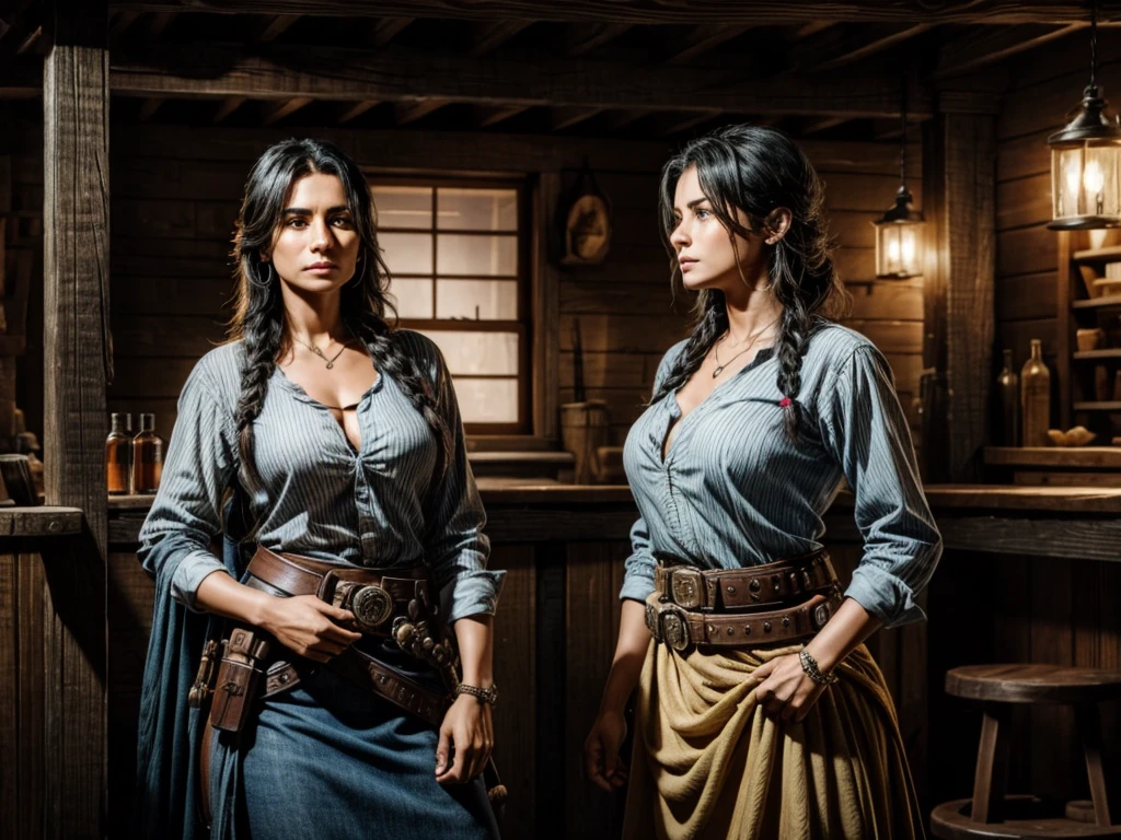 A female sheriff and an Indian in a Wild West setting in the middle of a gunfight in a saloon. [Wild West,western] [female sheriff,brave,confident] [Indian,cultural attire] [saloon,old wooden structure] [gunfight,intense action] [dark lighting] [dusty atmosphere] [vivid colors] (best quality,4k,8k,highres,masterpiece:1.2),ultra-detailed,(realistic,photorealistic,photo-realistic:1.37)