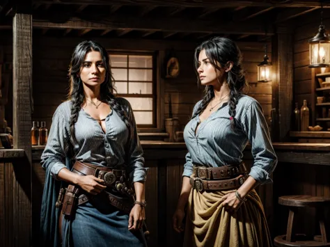 a female sheriff and an indian in a wild west setting in the middle of a gunfight in a saloon. [wild west,western] [female sheri...