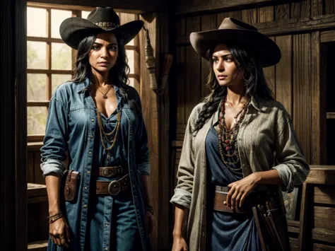 a female sheriff and an indian in a wild west setting in the middle of a gunfight in a saloon. [wild west,western] [female sheri...