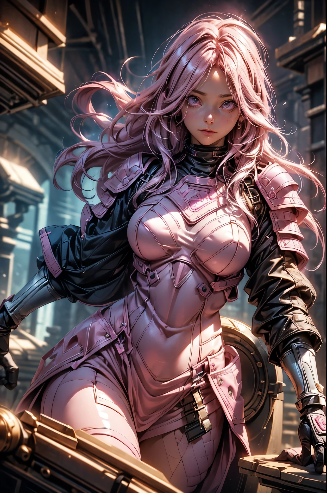 Pink-haired Scandinavian girl wearing half-plate armor and a frilly skirt over a skin-tight bodysuit, (pink long hair:1.4), pink eyes, HDR (high dynamic range), ray tracing, NVIDIA RTX, super resolution, Scattered beneath the surface, anisotropic filtering, Depth of the bounds written ,Maximum clarity and sharpness, surface shading, two-tone lighting