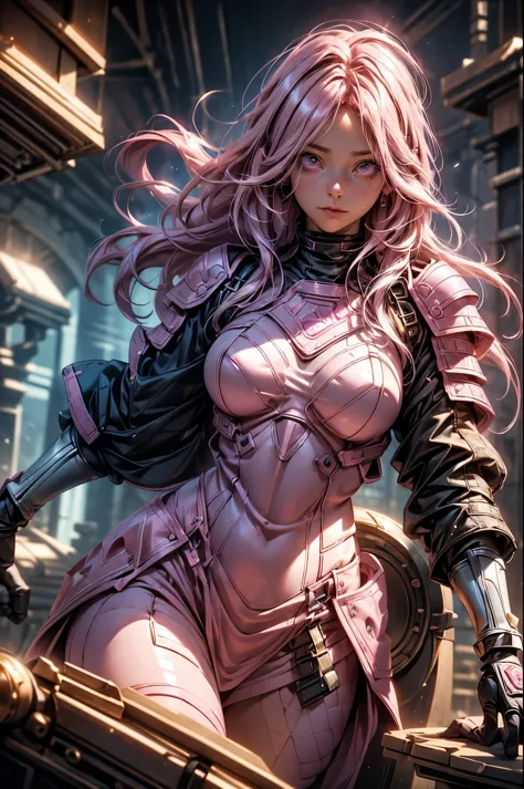Pink-haired Scandinavian girl wearing half-plate armor and a frilly skirt over a skin-tight bodysuit, (pink long hair:1.4), pink...