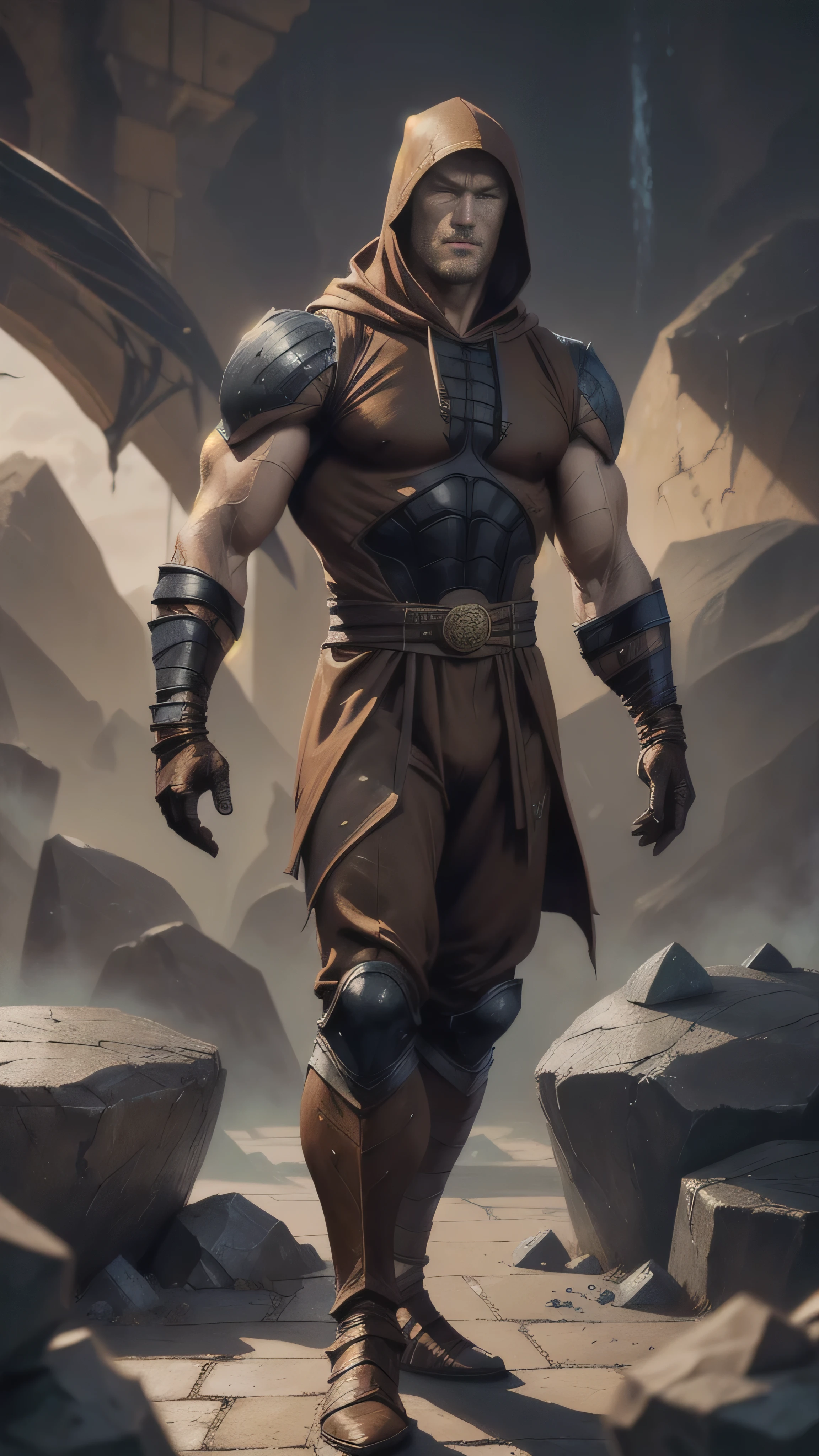 ((Tom Hopper)) as Tremor from Mortal Kombat, ninja warrior, shaved head, ((brown ninja costume)) with black parts, ((hood)), ((gloves made of rocks and stone)), straps around wrists and forearms, 1man, solo, full body view, intricate, high detail, sharp focus, dramatic, photorealistic painting art by greg rutkowski