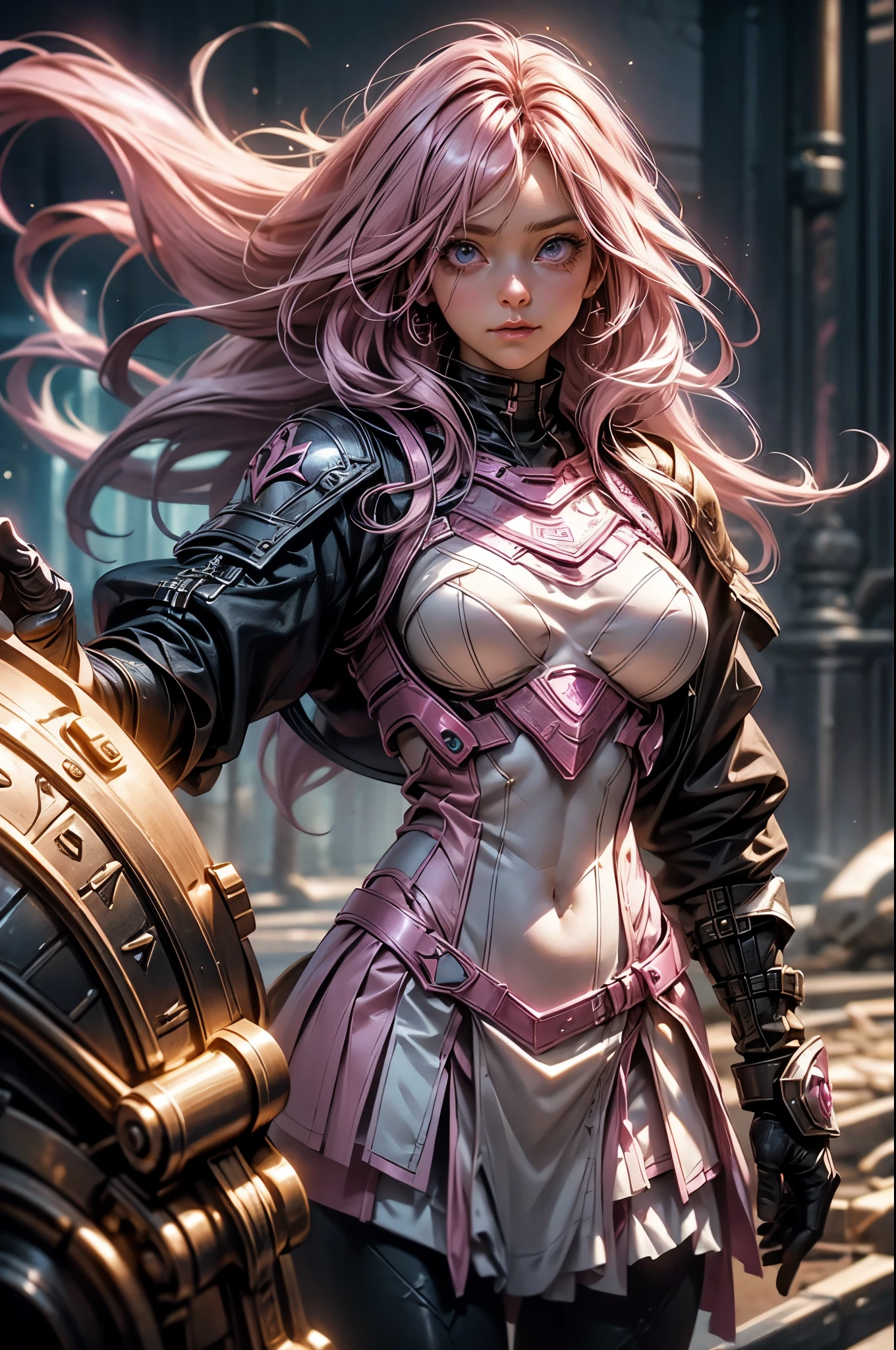 Pink-haired Scandinavian girl wearing half-plate armor and a frilly skirt over a skin-tight bodysuit, (pink long hair:1.4), pink eyes,attractive breasts、HDR (high dynamic range), ray tracing, NVIDIA RTX, super resolution, Scattered beneath the surface, anisotropic filtering, Depth of the bounds written ,Maximum clarity and sharpness, surface shading, two-tone lighting