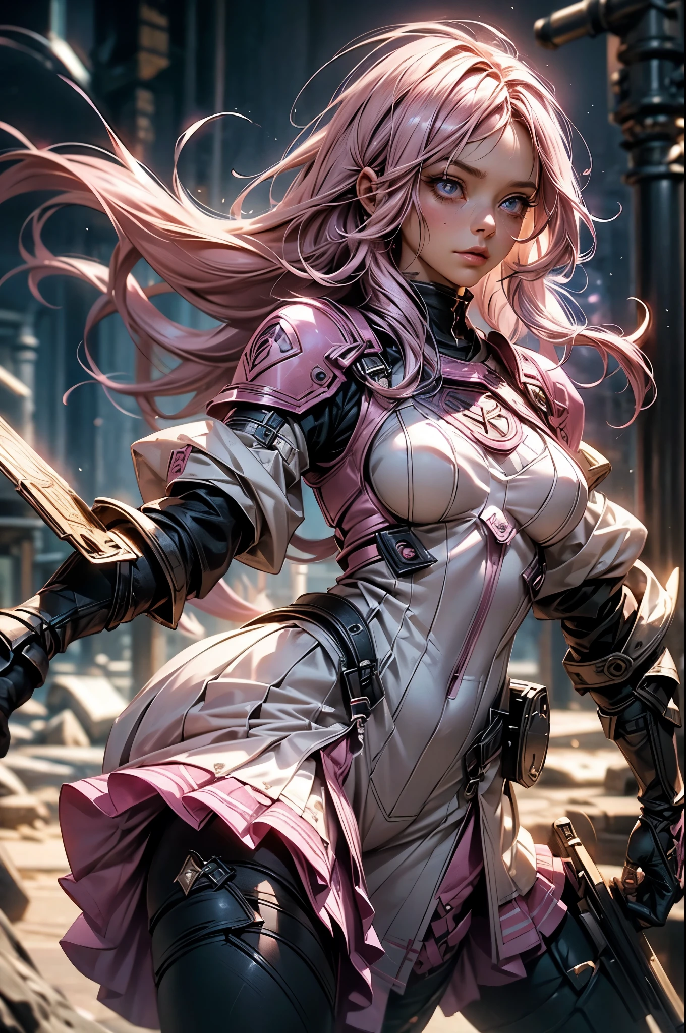 Pink-haired Scandinavian girl wearing half-plate armor and a frilly skirt over a skin-tight bodysuit, (pink long hair:1.4), pink eyes,attractive breasts、HDR (high dynamic range), ray tracing, NVIDIA RTX, super resolution, Scattered beneath the surface, anisotropic filtering, Depth of the bounds written ,Maximum clarity and sharpness, surface shading, two-tone lighting