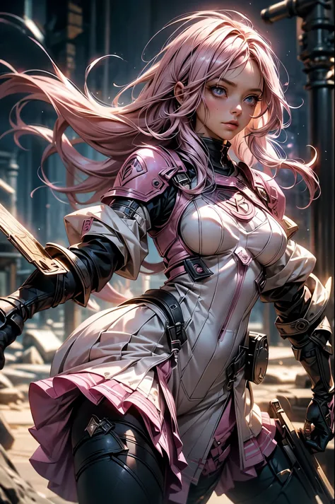 Pink-haired Scandinavian girl wearing half-plate armor and a frilly skirt over a skin-tight bodysuit, (pink long hair:1.4), pink...