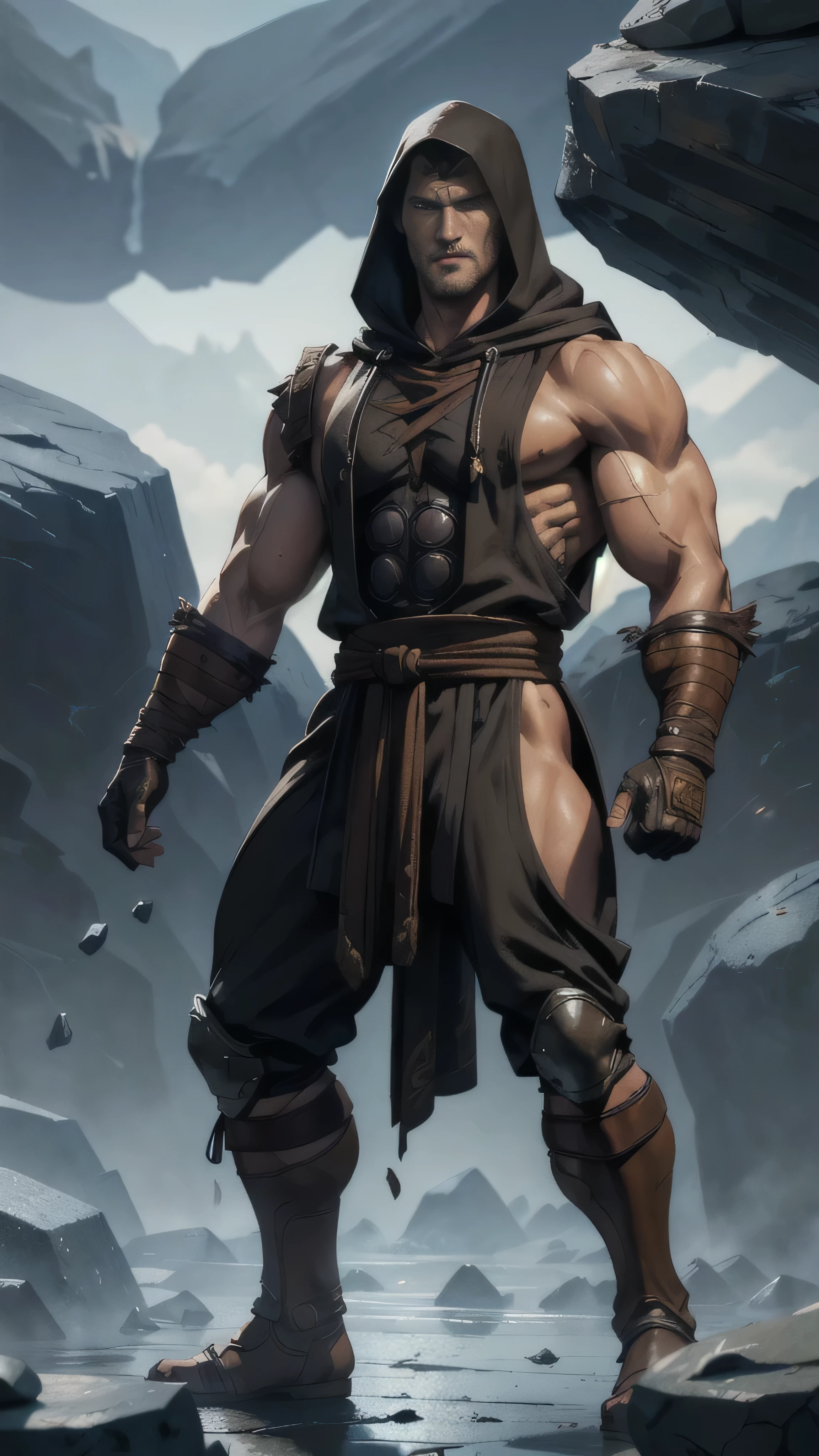 ((Tom Hopper)) as Tremor from Mortal Kombat, ninja warrior, shaved head, ((brown ninja costume)) with black parts, ((hood)), ((gloves made of rocks and stone)), straps around wrists and forearms, 1man, solo, full body view, intricate, high detail, sharp focus, dramatic, photorealistic painting art by greg rutkowski