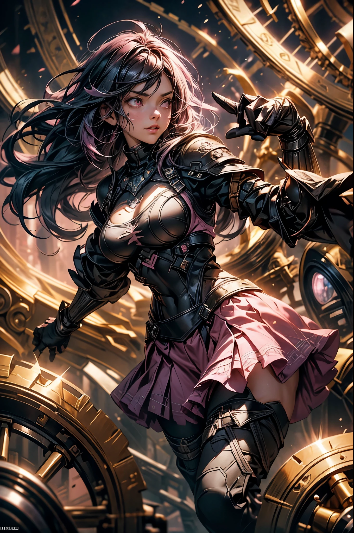 Dark-haired Scandinavian girl wearing half-plate armor and a frilly skirt over a skin-tight black bodysuit, (pink long hair:1.4), red eyes,attractive breasts、HDR (high dynamic range), ray tracing, NVIDIA RTX, super resolution, Scattered beneath the surface, anisotropic filtering, Depth of the bounds written ,Maximum clarity and sharpness, surface shading, two-tone lighting