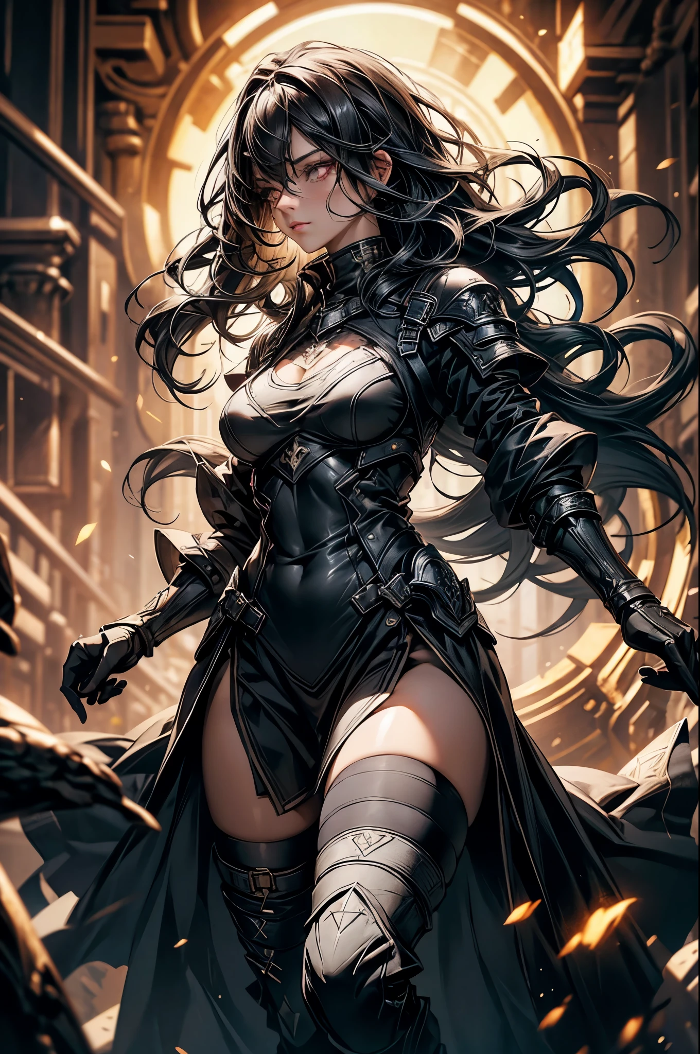 Dark-haired Scandinavian girl wearing half-plate armor and a frilly skirt over a skin-tight black bodysuit, (black long hair:1.4), red eyes,attractive breasts、HDR (high dynamic range), ray tracing, NVIDIA RTX, super resolution, Scattered beneath the surface, anisotropic filtering, Depth of the bounds written ,Maximum clarity and sharpness, surface shading, two-tone lighting