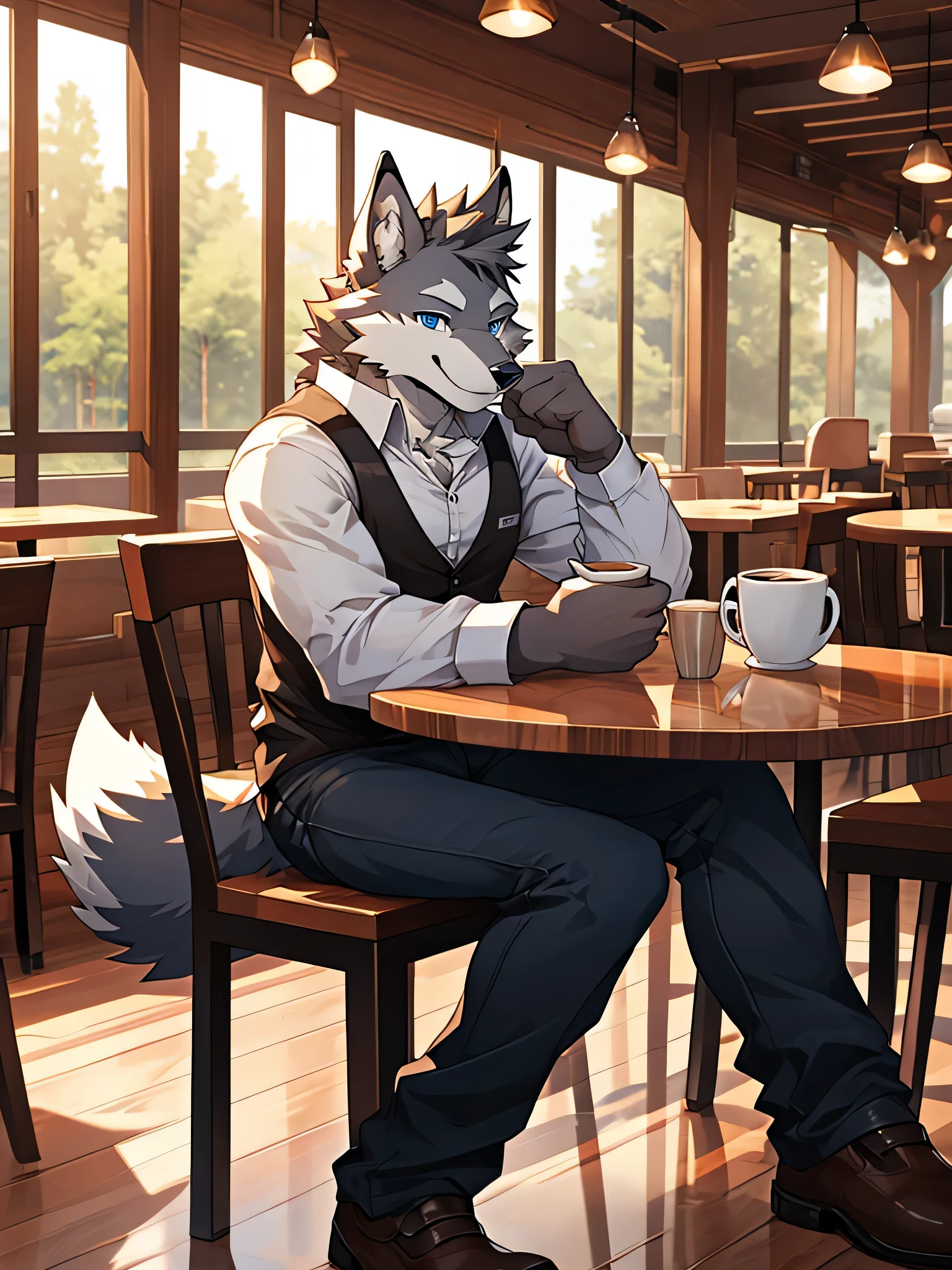 (Maximum Fineness, Dynamic HDR, 8K, FULL HD). Furry, solo, Cafe, Coffee, Sitting table, happy, adult, cute, A wolf with white fur and Grey on its body, blue eyes, black eyebrows, wear random clothes, one tail, Wear random pants, Smiling faces 