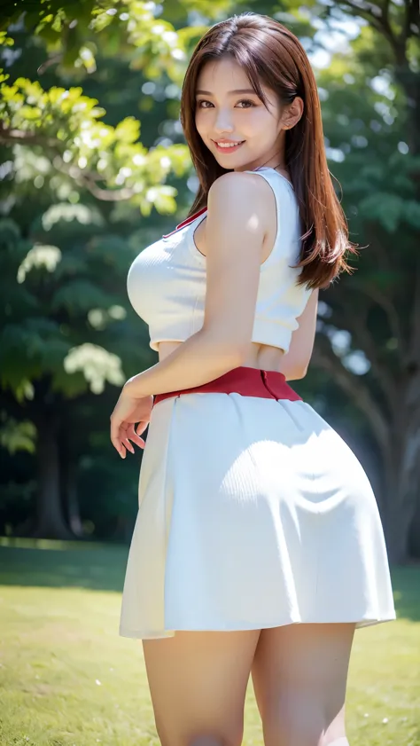(highest quality、masterpiece、8K、best image quality、hyper realism、Award-winning work)、1 female、(alone:1.1)、(perfect white sleeveless knit:1.3)、(An elegant red tight skirt made of Melton fabric.:1.3)、(Strongly blurred beautiful park background:1.1)、The most ...