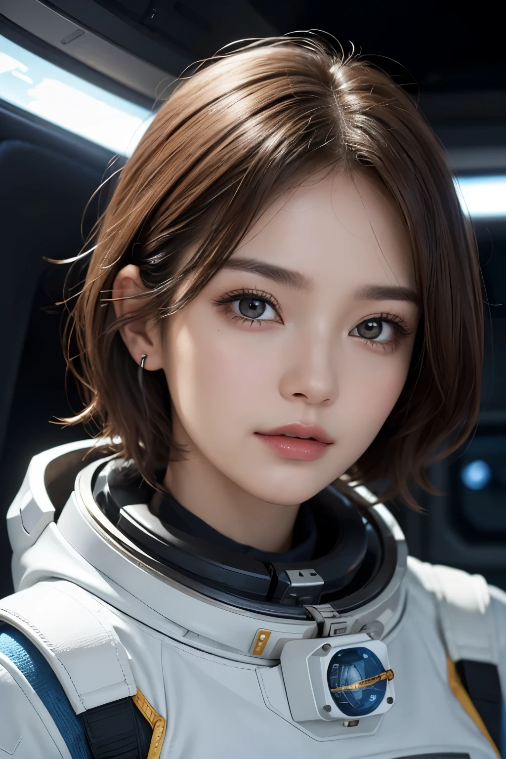 highest quality、masterpiece、ultra high resolution、(real:1.4)、Beautiful woman１、Beautiful details of eyes and skin、light brown short cut hair、small smile、latest space suit、space station、spaceship、Remains、cloudy sky、