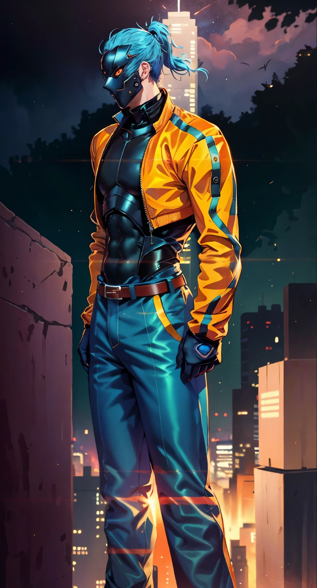 A man with blue hair tied in a ponytail, his face concealed by a falcon concept mask, full_mask, stands tall and imposing, a futuristic sci-fi style short jacket, a dark bodysuit, matching trousers, a belt cinched at the waist, colorful gloves, he stands atop a futuristic high-rise, he surveys the city night view, this character embodies a finely crafted futuristic sci-fi style masked hero in anime style, exquisite and mature manga art style, high definition, best quality, highres, ultra-detailed, ultra-fine painting, extremely delicate, professional, perfect body proportions, golden ratio, anatomically correct, symmetrical face, extremely detailed eyes and face, high quality eyes, creativity, RAW photo, UHD, 32k, Natural light, cinematic lighting, masterpiece-anatomy-perfect, masterpiece:1.5