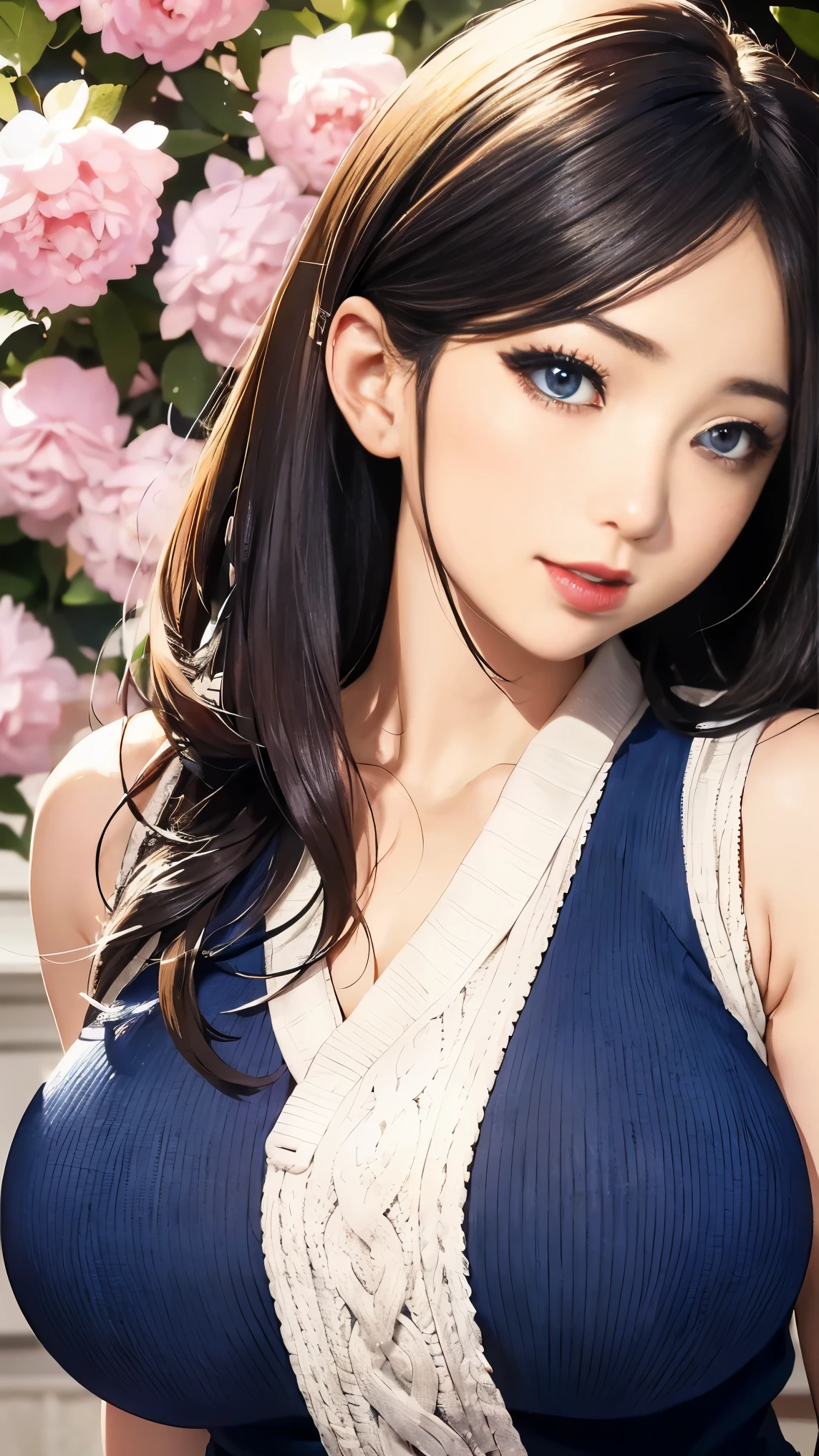 Japanese woman wearing a blue v-neck sweater、 (((masterpiece))), ((highest quality)), ((intricate details)), (((超realistic)),, near and far law, very detailed, realistic, 1 girl, ((big breasts)), perfect hands, detailed fingers, beautiful and detailed eyes, long hair, black eye,(Sleeveless V-neck sweater:1.2), detailed background,, perfect eyes, enchanting eyes,, from the front、laughter、open red lips wide、Don&#39;t show your hands