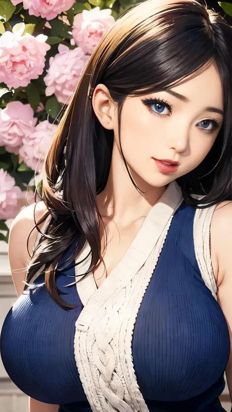 Japanese woman wearing a blue v-neck sweater、 (((masterpiece))), ((highest quality)), ((intricate details)), (((超realistic)),, n...