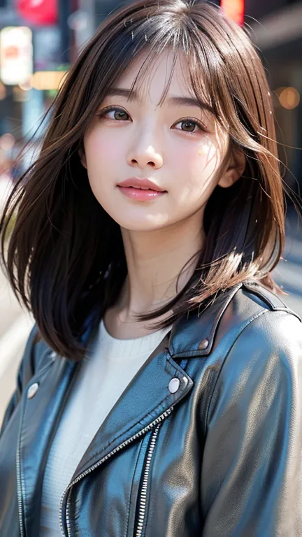 (((Shoulder-length straight brown hair mini bob)))、(((目が細くlight eye makeup)))、(((standing alone on the rider&#39;Leather jacket ...