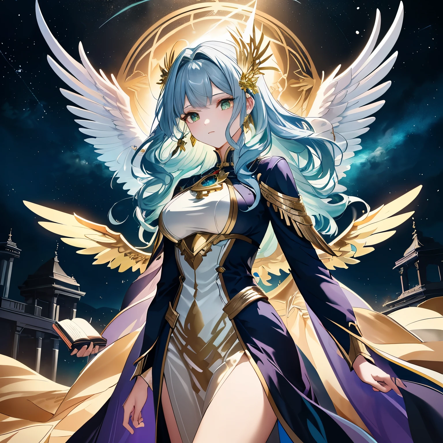 - **Number of people**: one female character. She will be portrayed as a symbol of the Archangel Uriel.
- **Costume and Color**: She wears a gold and green decorative robe. The blue accents on the robe symbolize holiness.
- **Haircut and Color**: Her hair is long and wavy. It is golden in color and reflects the light.
- **Worldview**: The background is an earthy landscape, representing the symbolism of the land of Uriel.
- **Detail of personal belongings and weapons**: In her hand is a book, a symbol of prophecy and warning.
- **WING DETAILS**: on her back are large, detailed angel wings. The wings radiate light.
- **Emotions and Movements**: She has a calm, yet powerful expression. Her posture is graceful, symbolizing decisiveness and intuition.
- **Perspective and Composition**: The perspective is from slightly below, emphasizing her strength and dignity.
- **Background and Color**: The background is a quiet forest, with the energy of life surrounding her. The colors are primarily gold and green with blue accents.
- **Light and shadow**: Light emanates from her and illuminates her surroundings. Shadows are soft and accentuate her form.
- **Other**: Glowing particles of light dance around her, symbolizing a spark of artistry.

The illustration is done in the style of highly detailed official artwork and highly detailed exquisite fan art that would trend on Art Station and Pixiv. It also references the key art, feminine and Fate style of Kushart Klenz. And it also incorporates realistic anime 2.5D style and real life anime girl style. The main color is gold, followed by green, and lastly blue. And yellow, silver, deep red, and purple are all added except for the characters and important elements.

The illustration was created using the golden ratio 1.2 and drawing board 1.3 and is intended to be absurdres, top quality, photorealistic, hyperrealistic, and ultra detailed. The ultra-high resolution, large file size, and 64K create a beautiful masterpiece. Faces are in 